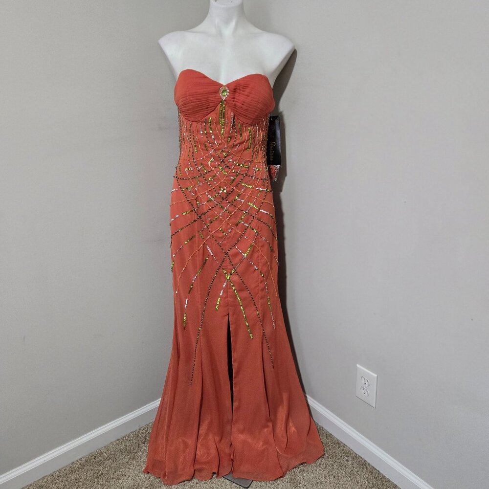 12 (fits ~8) NWT Rivá Designs 7382 Clay Orange Chiffon Strapless Gown Sequins